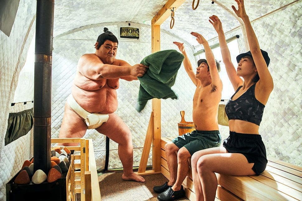 Sumo wrestler tenting to the sauna tent in Japan