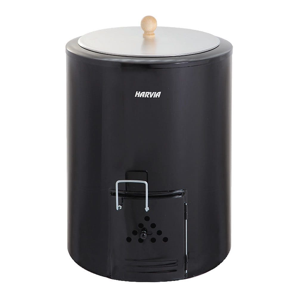 A black wood burning water heater from Finland