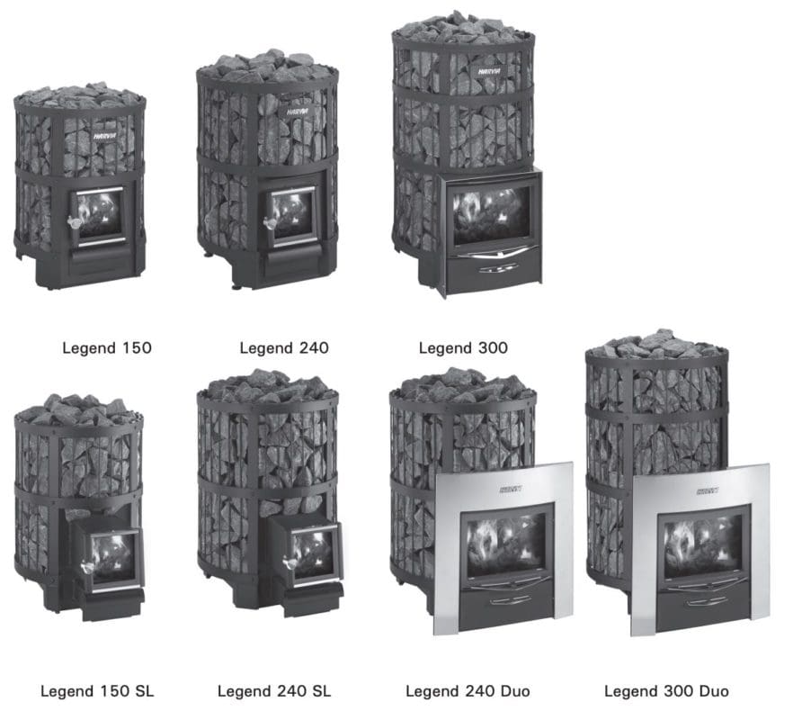 Lineup of all Harvia Legend wood burning sauna stoves for sale