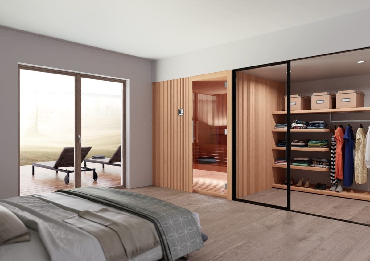Auroom Libera built into bedroom next to closet with glass wall