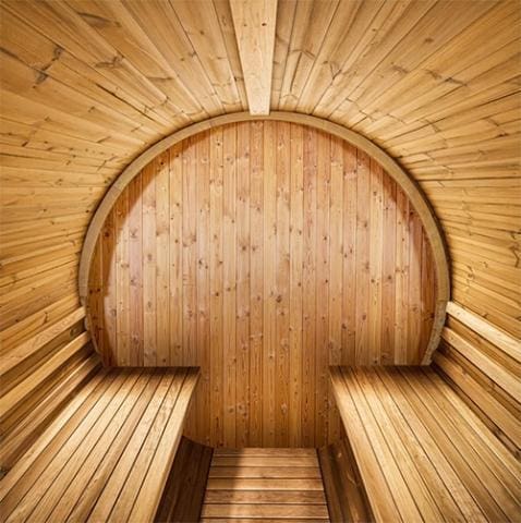thermory no 55 barrel sauna with wood wall