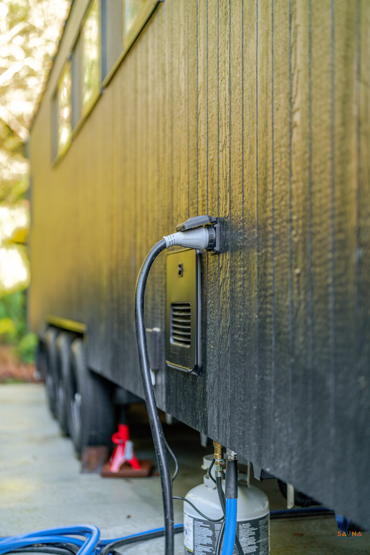 Electrical Connection For Mobile Spa On Wheels With Wood Burning Harvia M3 Sl Stove Connection For Shore Power