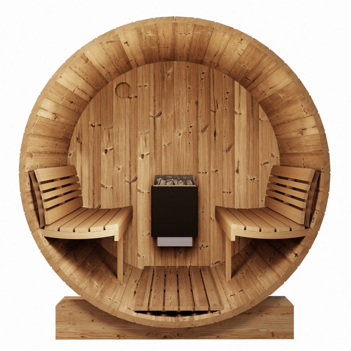 The image shows a cross-sectional view of the SaunaLife Ergo Barrel Sauna, revealing the curved interior design. The diagram indicates the ergonomic seating layout, made from Grade A aspen, that contours to the shape of the sauna. The image further helps visualize the construction and assembly of the sauna.