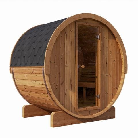 Stunning 45-degree angle view of the SaunaLife 4-Person Barrel Sauna Kit, highlighting the curved design, thermo-spruce staves, and bronze glass door