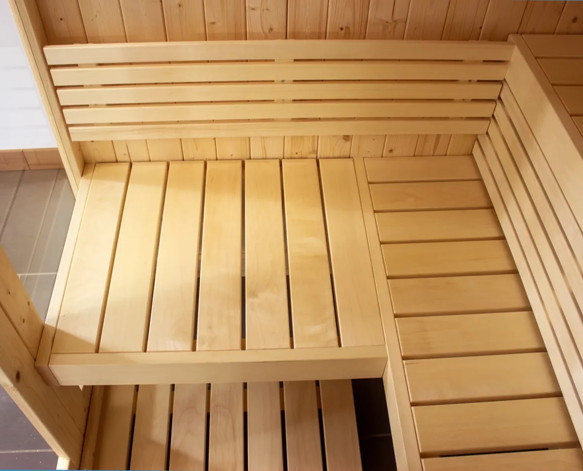 Interior view of the SaunaLife Indoor Model X6 including corner bench