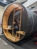 Thermory Ignite black barrel sauna at building show in vegas