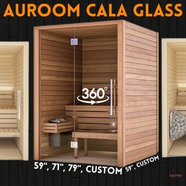 Auroom Cala Glass Luxury Indoor Sauna Kit with 360 virtual tour and 3 sizes in aspen or thermo-aspen