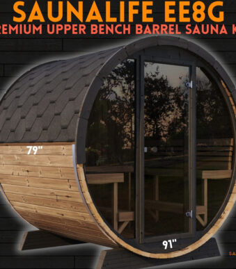 Saunalife Ee8G Upper Bench Barrel Sauna Kit With Thermally Modified Wood Thermo Spruce And Panoramic Front Glass Wall