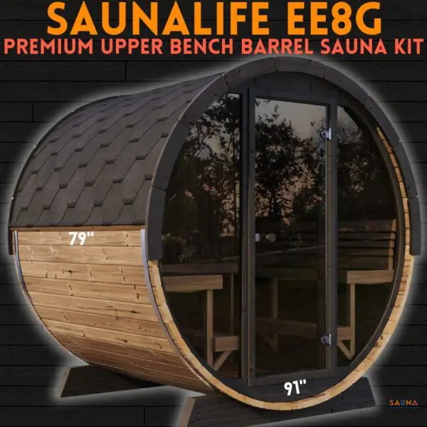 SaunaLife EE8G Upper Bench Barrel Sauna Kit with Thermally Modified Wood Thermo Spruce and Panoramic Front Glass Wall