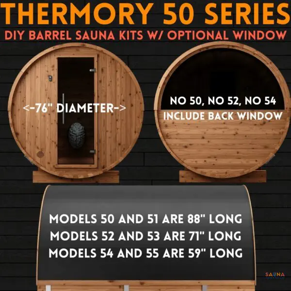 Thermory No 50 Series DIY Barrel Sauna Kits with Optional Back Window No 50 No 51 No 52 No 53 No 54 No 55 on Sauna Marketplace