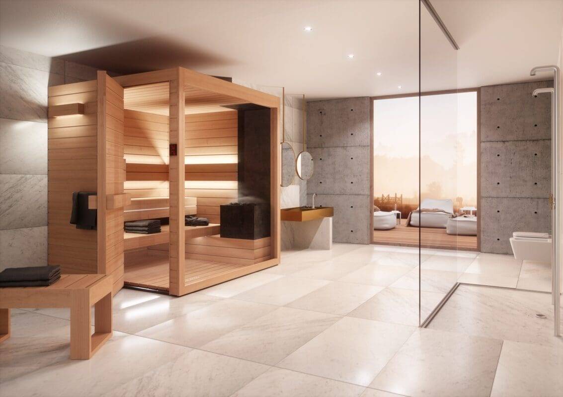 Alder sauna in a bright bathroom