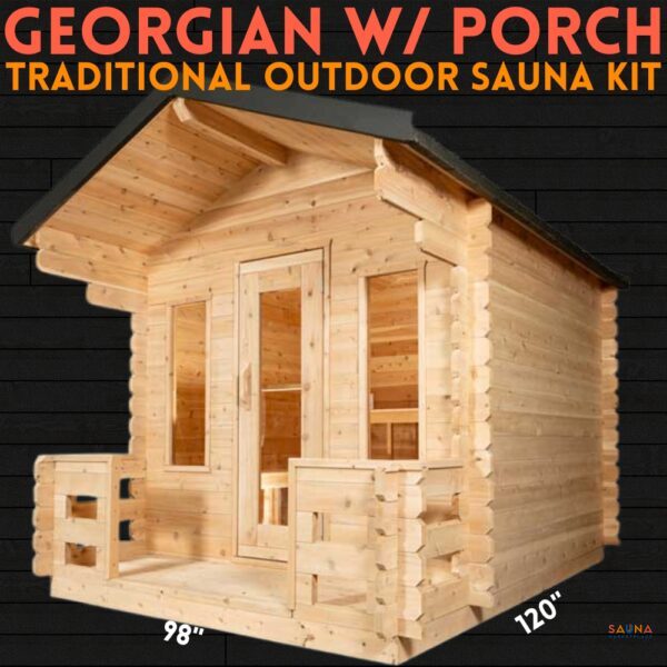Dundalk Leisurecraft Georgian Traditional Outdoor Sauna Kit with Porch on Sauna Marketplace
