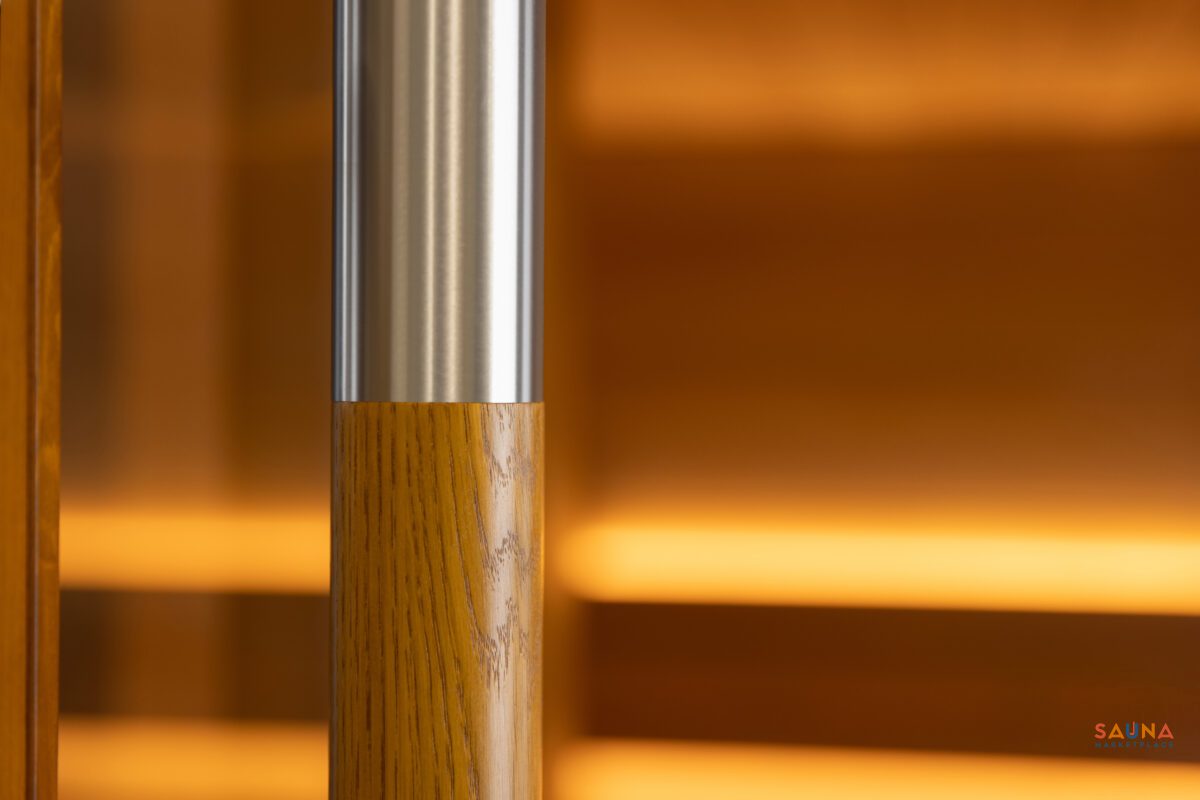 Saunum Aircube 3 Terrace Prebuilt Outdoor Saunacloseup Of Oak And Stainless Sauna Door Handle