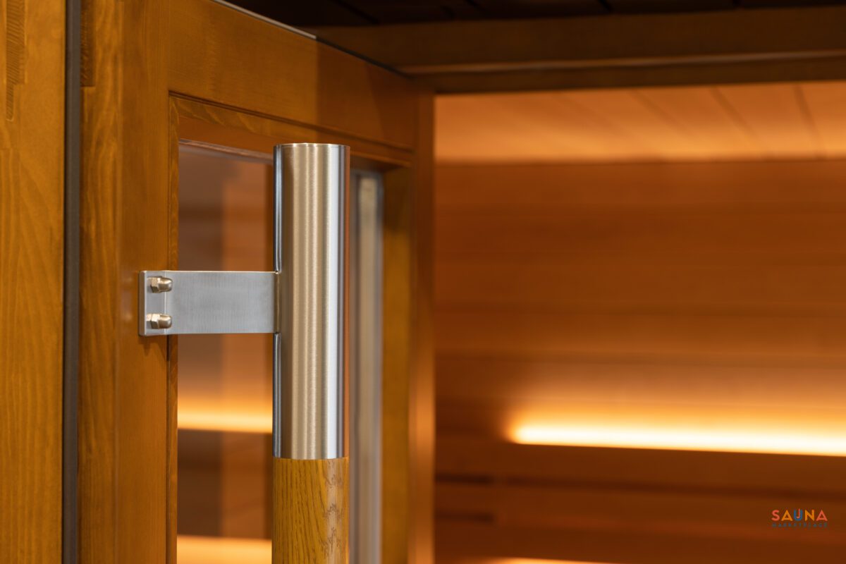 Saunum Aircube 3 Terrace Prebuilt Outdoor Sauna Product Photo Showing Handle Closeup Which Is Oak And Stainless Steel