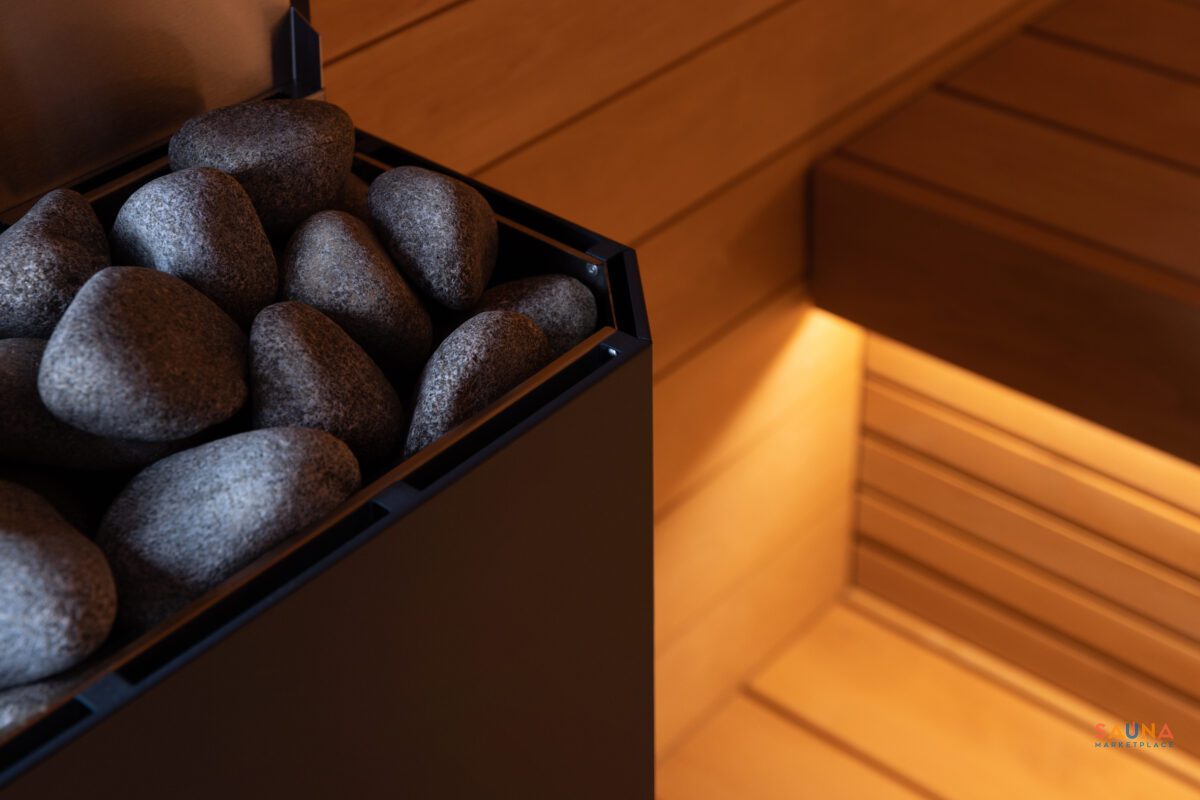 Saunum Aircube 3 Terrace Prebuilt Outdoor Sauna Product Photo With Dimensions Heater And Bench Closeup