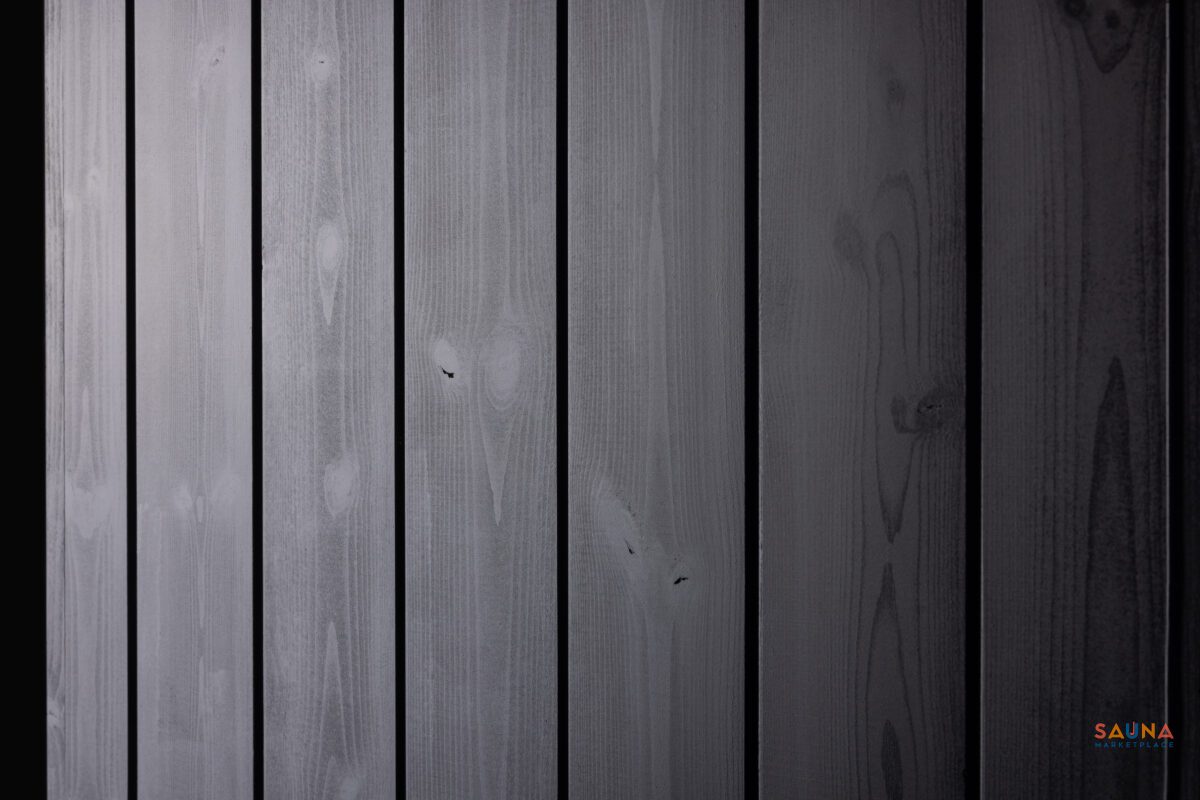 Saunum Aircube 3 Terrace Prebuilt Outdoor Sauna Product Photo With Dimensions Zoomed In On Black Cladding