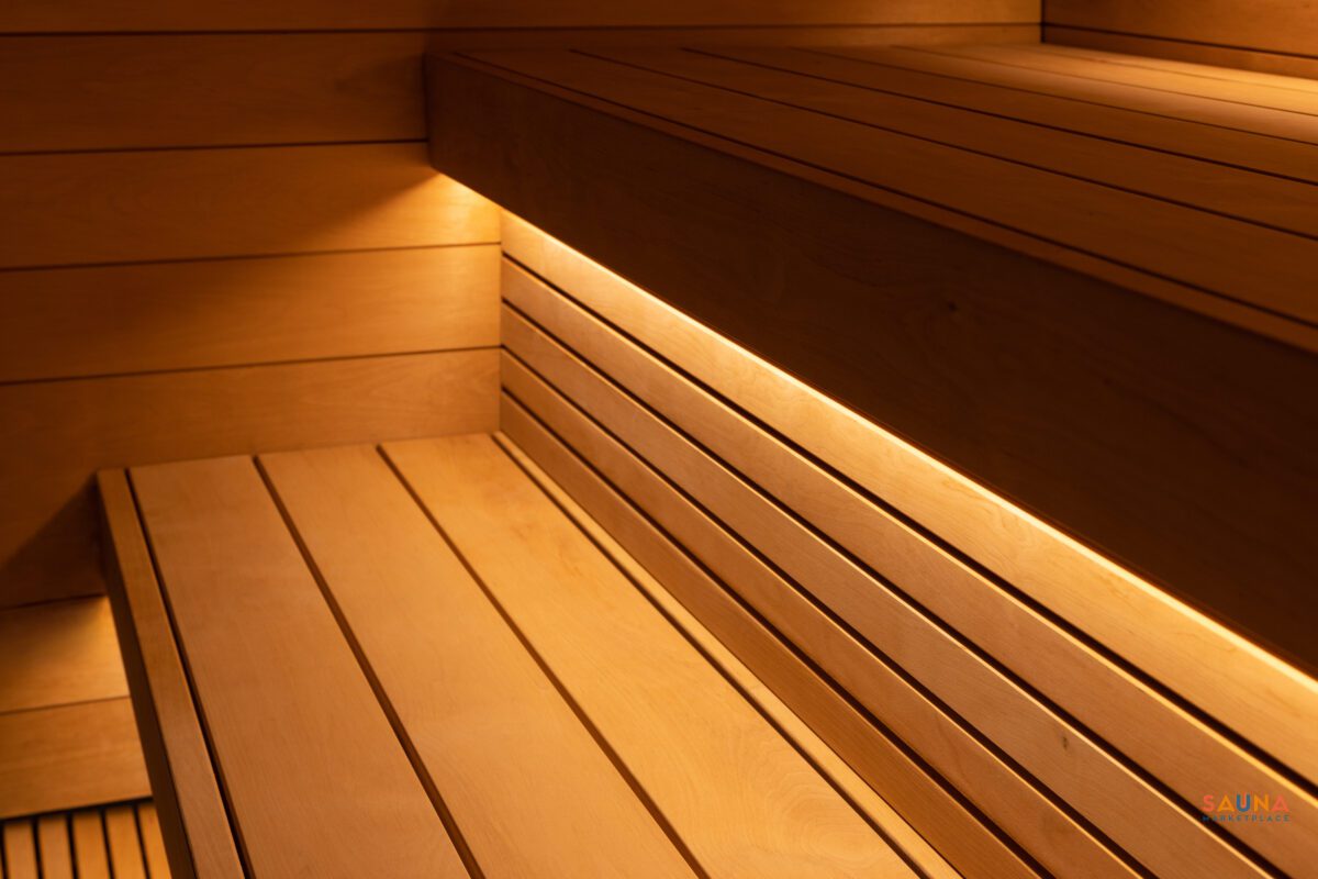 Saunum Aircube 3 Terrace Prebuilt Outdoor Under Bench Lighting Closeup Of Backrest In Interior Of Sauna