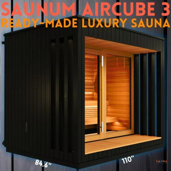 Saunum Aircube 3 Terrace Prebuilt outdoor sauna product photo with dimensions