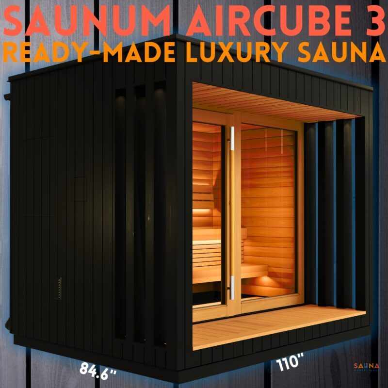 Saunum Aircube 3 Terrace Prebuilt outdoor sauna product photo with dimensions