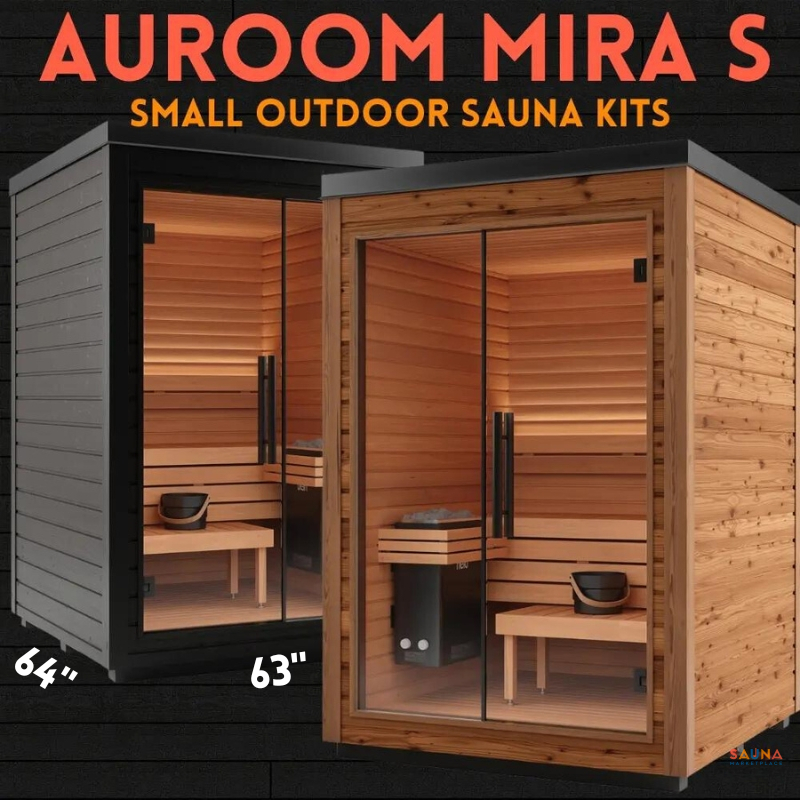Auroom Mira S Small Outdoor 1-2 person sauna kit in black or natural wood with dimensions