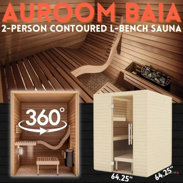 Auroom Baia Indoor Sauna Kit in Aspen and Thermo Aspen with Wavy Contoured Bench and 360 virtual showroom tour