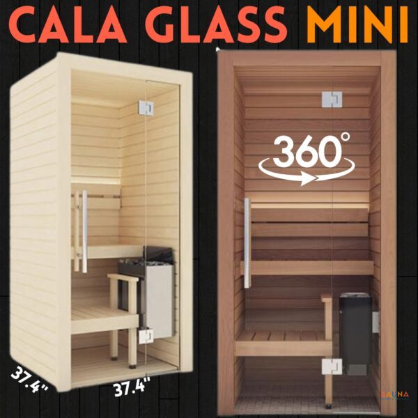 1-Person Sauna Auroom Cala Glass Mini in Aspen and Thermo Aspen with Virtual Showroom 360 Tour