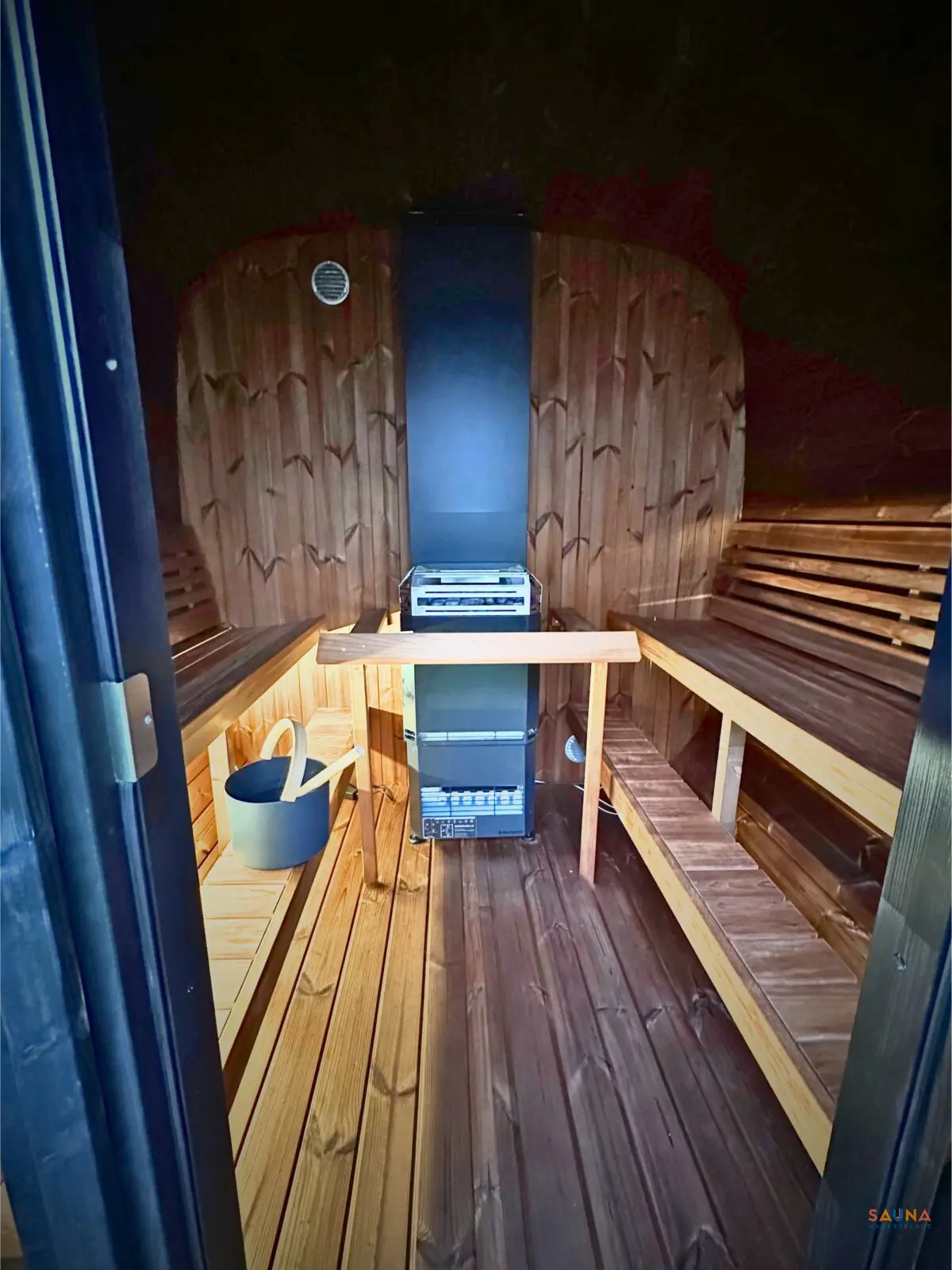 Saunalife Cl7G Cube Square Sauna At Night With Light Under Bench Included