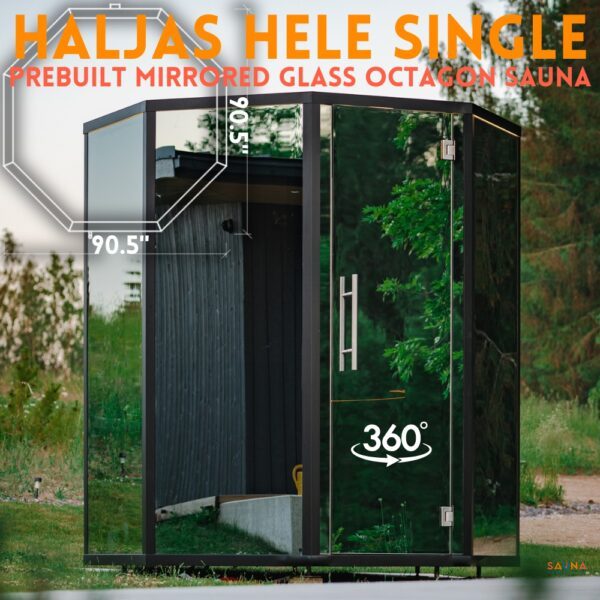 Haljas Hele Single Mirrored Glass Prebuilt Outdoor Sauna Fully Assembled with 360 Virtual Tour on Sauna Marketplace
