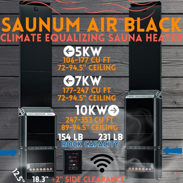 Saunum AIR Closed Basket Climate Equalizing Sauna Heaters, Black | 5KW 7KW 10KW