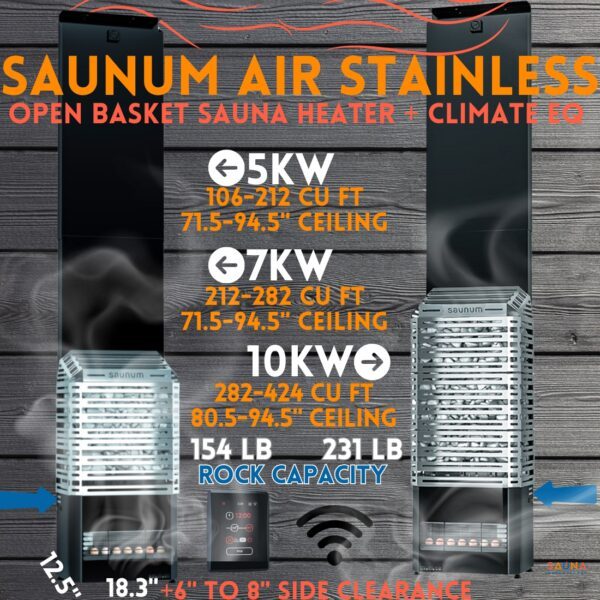 Saunum Air Stainless Open Basket in 5kw 7kw and 10kw with climate equalization on Sauna Marketplace