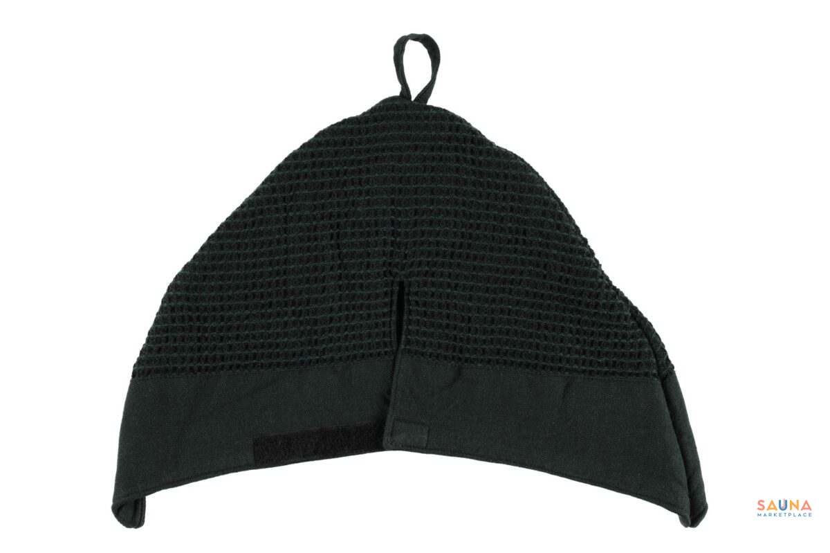 Back Of Dark Green Rento Kenno Sauna Hat From Finland With Velcro