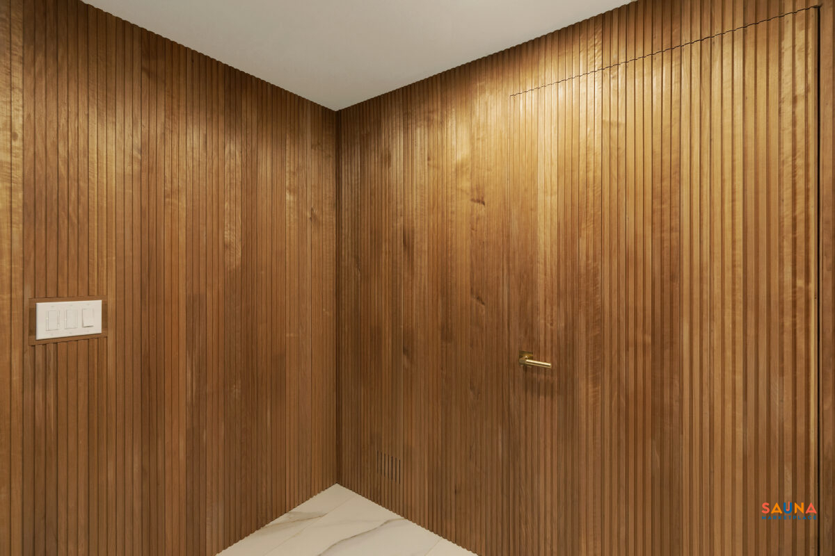 Thermory Kyte In Thermo-Aspen Sauna Wood On Sauna Marketplace With Built In Door In Basement Recovery Room
