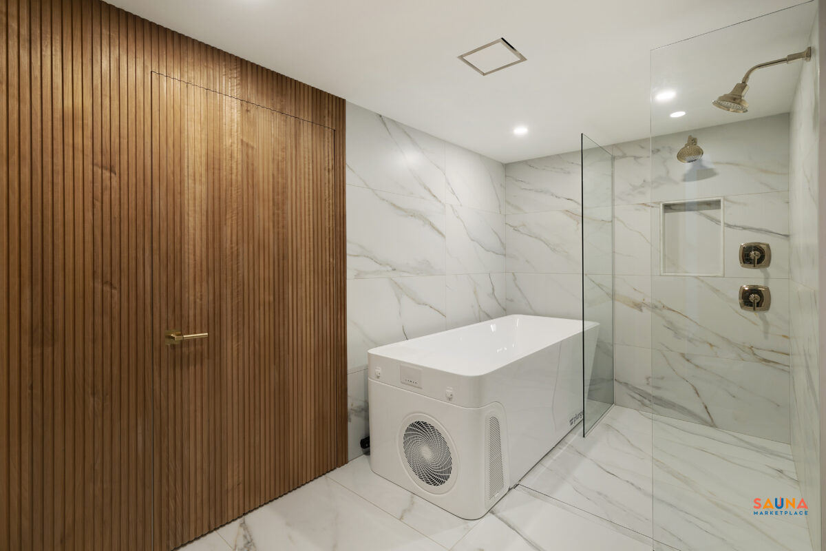 Thermory Kyte In Thermo-Aspen Sauna Wood On Sauna Marketplace With Plunge Ice Bath In Recovery Room