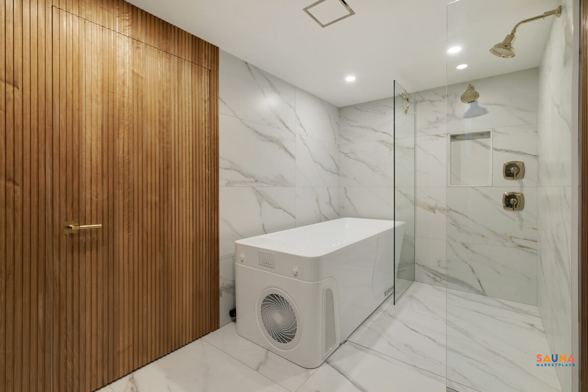 Thermory Kyte In Thermo-Aspen Sauna Wood On Sauna Marketplace With Ice Bath Plunge In Recovery Basement Room In Minnesota