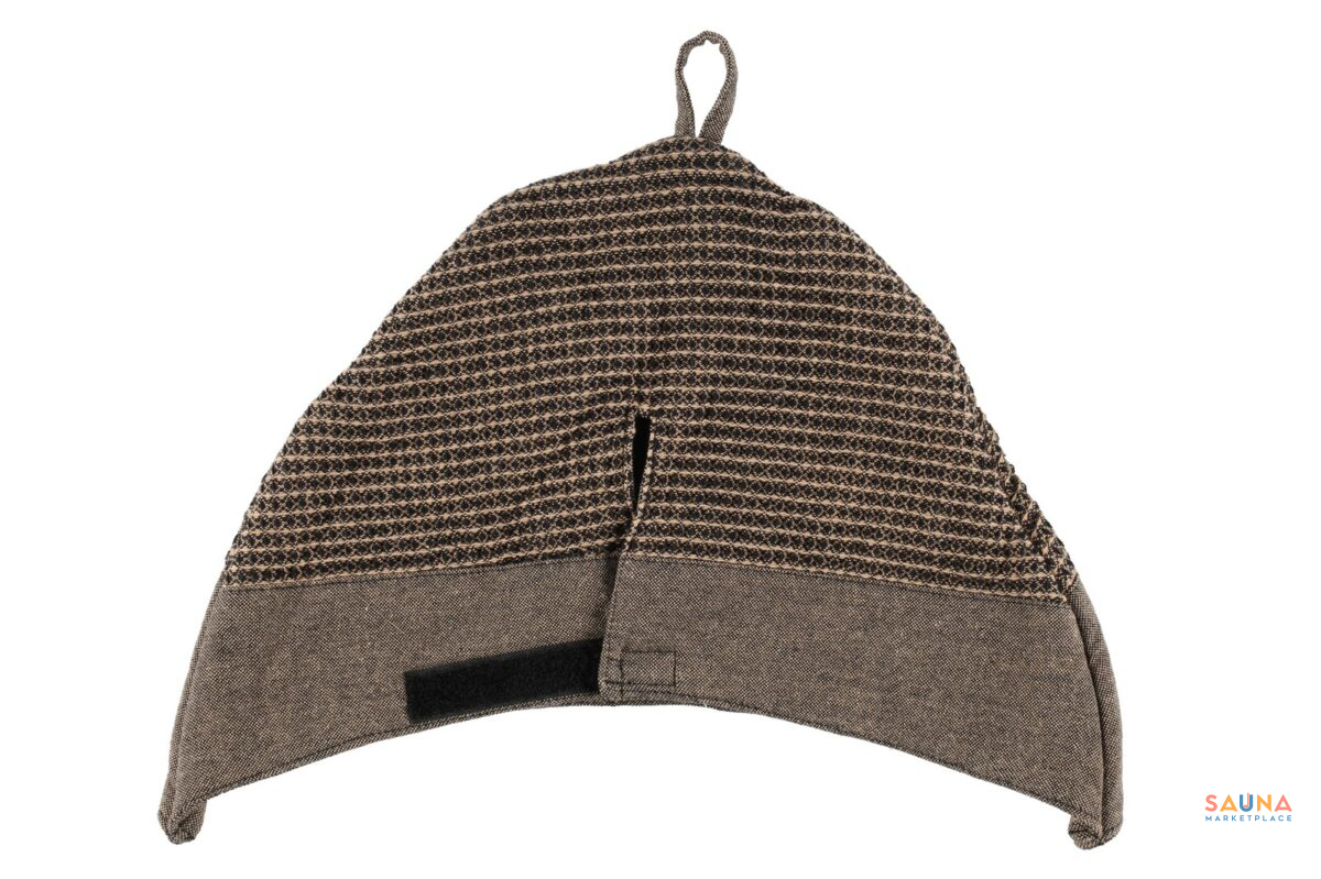 Back Of Black And Beige Rento Kenno Sauna Hat From Finland With Velcro Most Comfortable