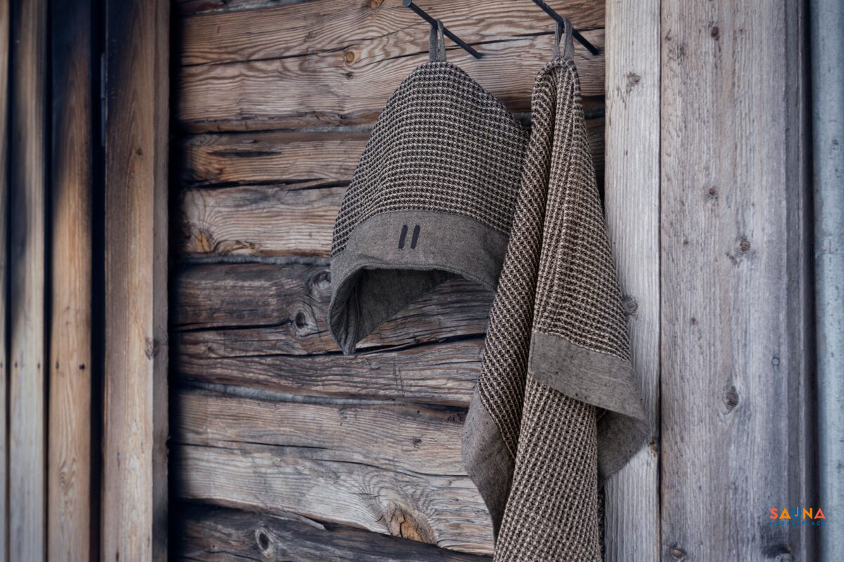 Towel And Black And Beige Rento Kenno Sauna Hat From Finland