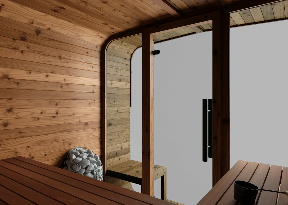 Thermory No 43 With Full Glass Front Window And Huum Drop Sauna Heater And Thermally Modified Wood