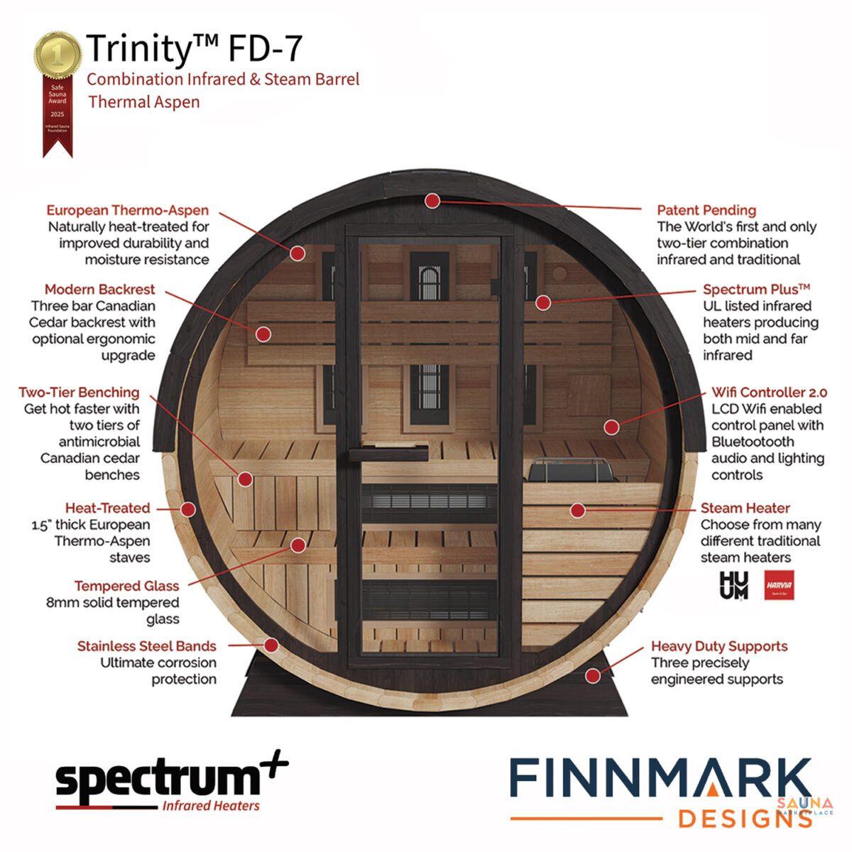 Finnmark Thermo-Aspen Combination Barrel Sauna Fd-7 | Infrared And Traditional 6X6 Outdoor Barrel Sauna, Thermo-Aspen - Image 17