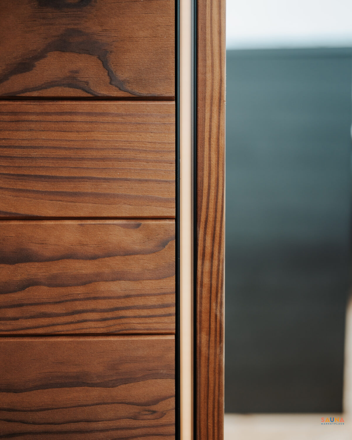 Detail Of Auroom Aera Outdoor Sauna Kit With 3 Bench Levels And Overhang