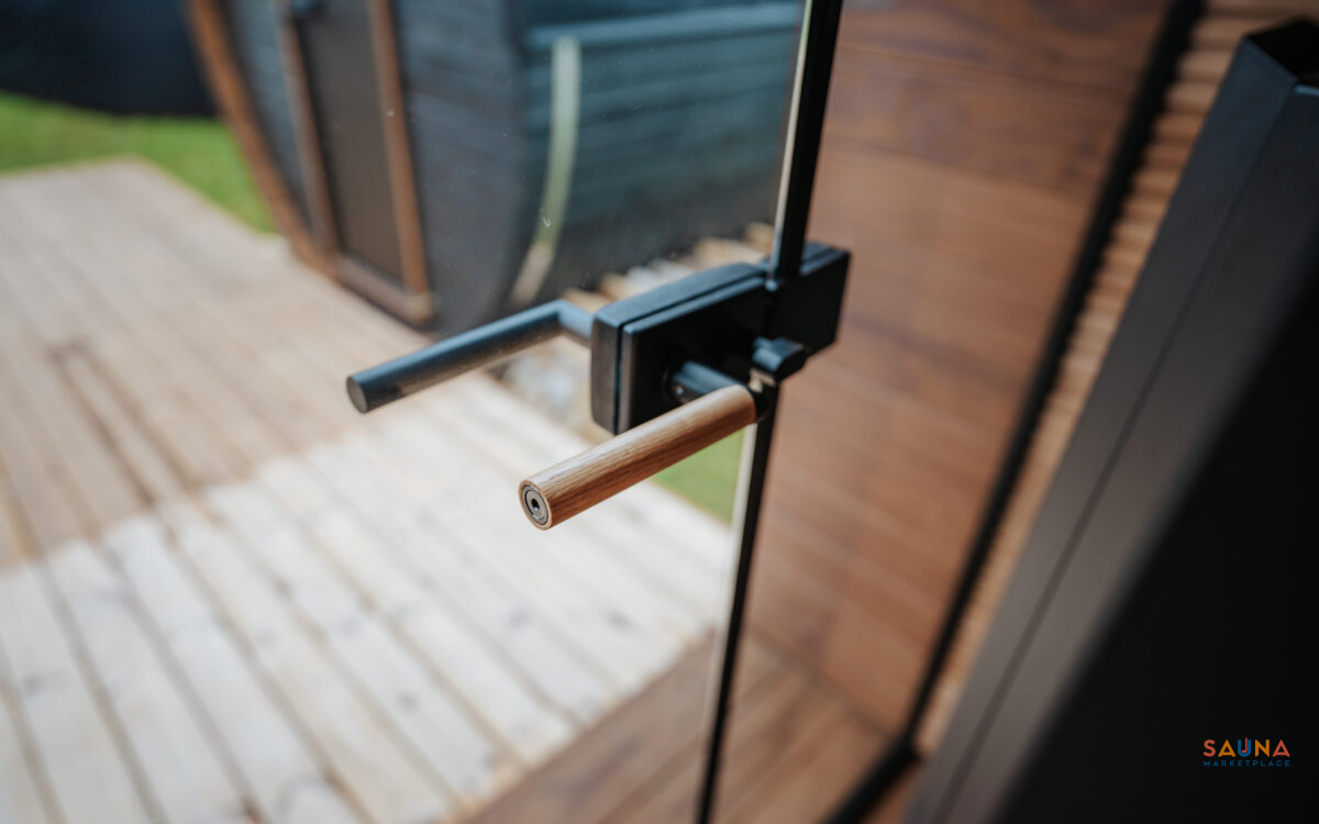Premium Locking Sauna Door In The Auroom Aera Outdoor Sauna Kit With 3 Bench Levels And Overhang On Sauna Marketplace