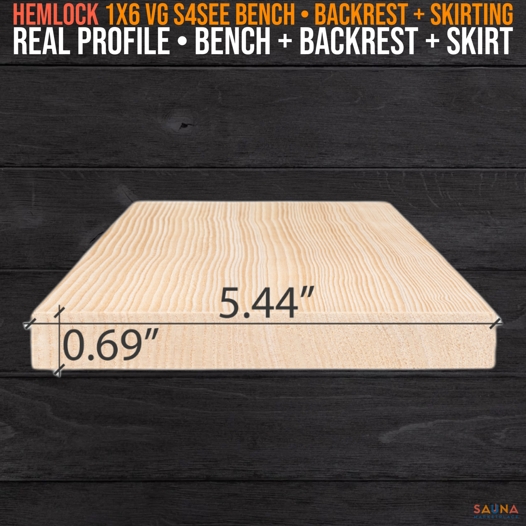 PROSAUNAS Hemlock 1X6 VG S4SEE Bench, Backrest & Skirting
