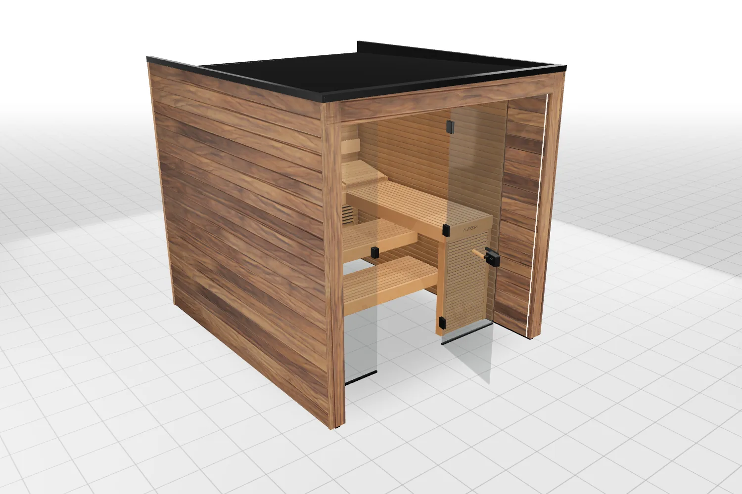 3D view of the Auroom Aurea Outdoor Sauna with 3-Tier Benches, Overhang, and Porch