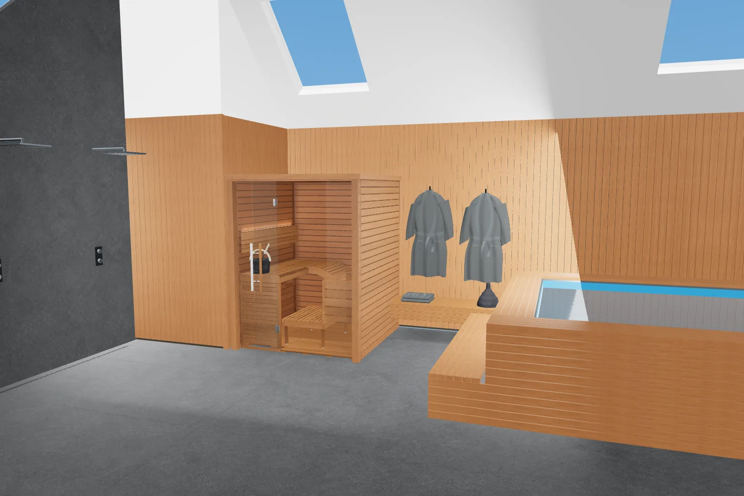 3D view of the Auroom Baia Glass – Indoor Sauna Kit With Floor in a sample pool room