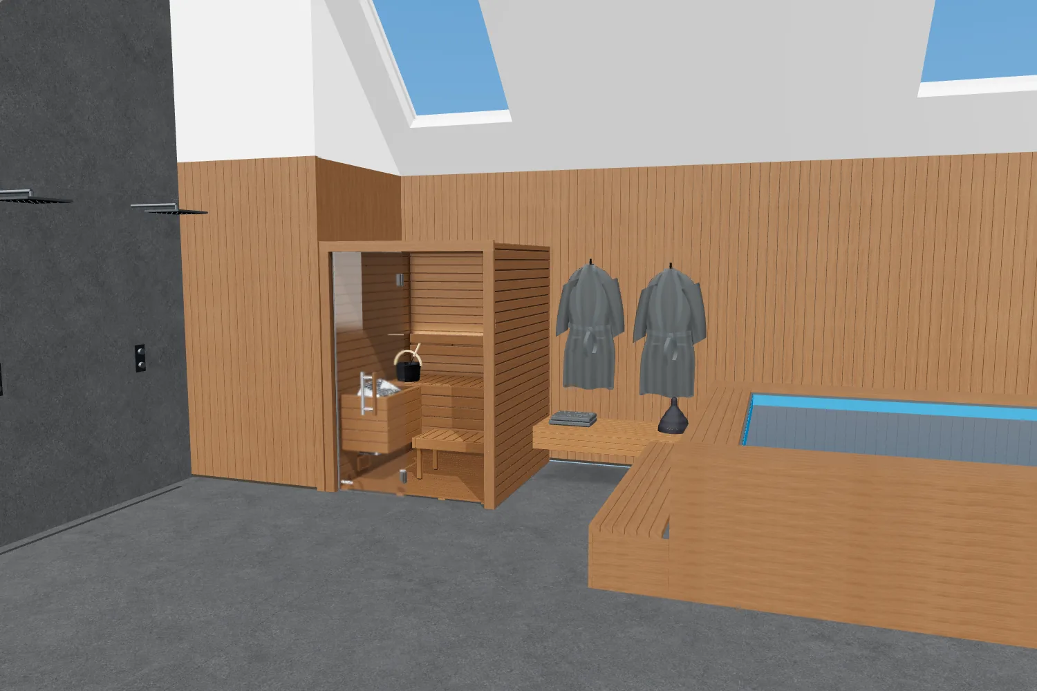 3D view of the Auroom Cala Glass – Indoor Sauna Kit With Floor Kit in a sample pool room