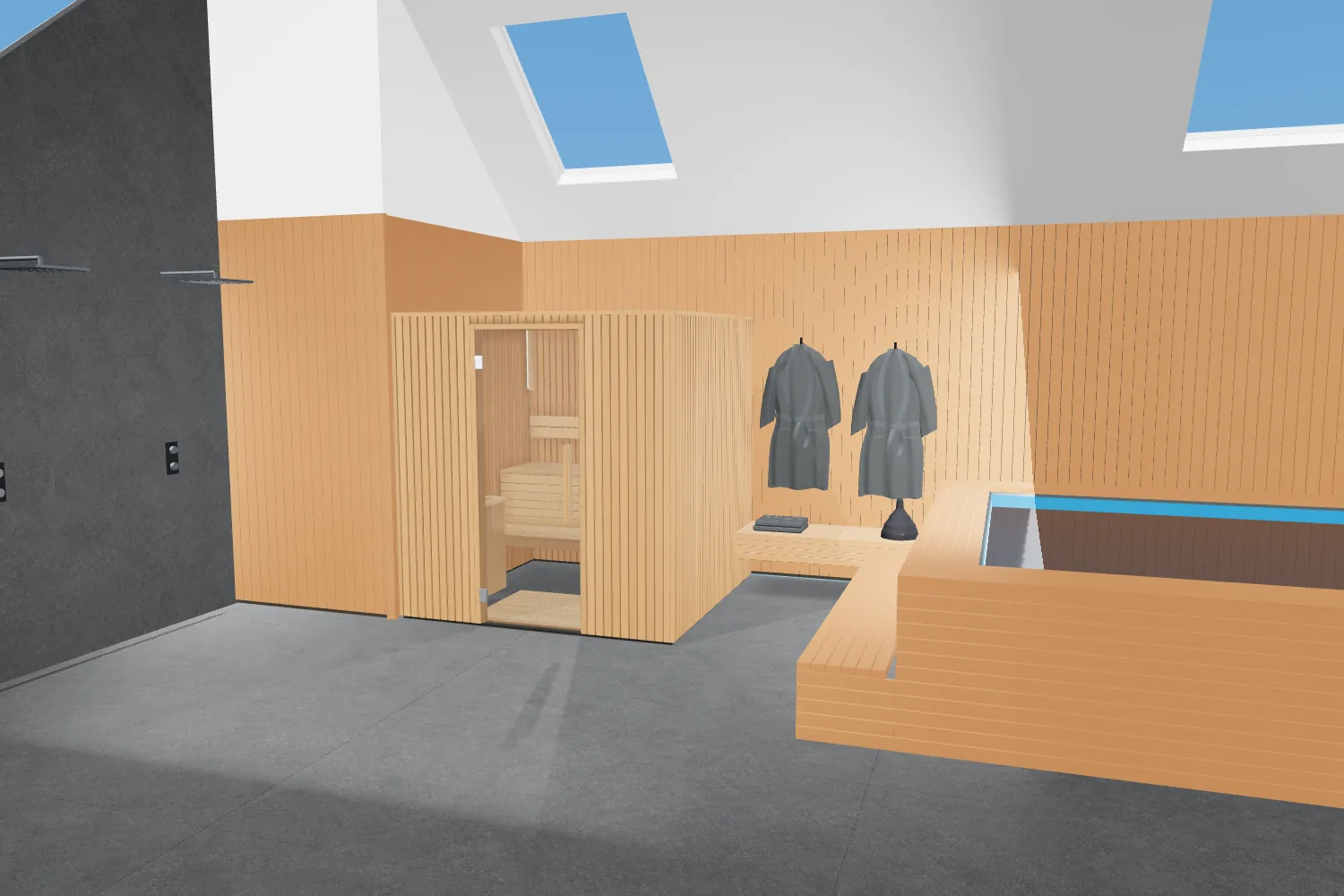 3D view of the Auroom Familia – Indoor Sauna Kit With Floor in a sample pool room