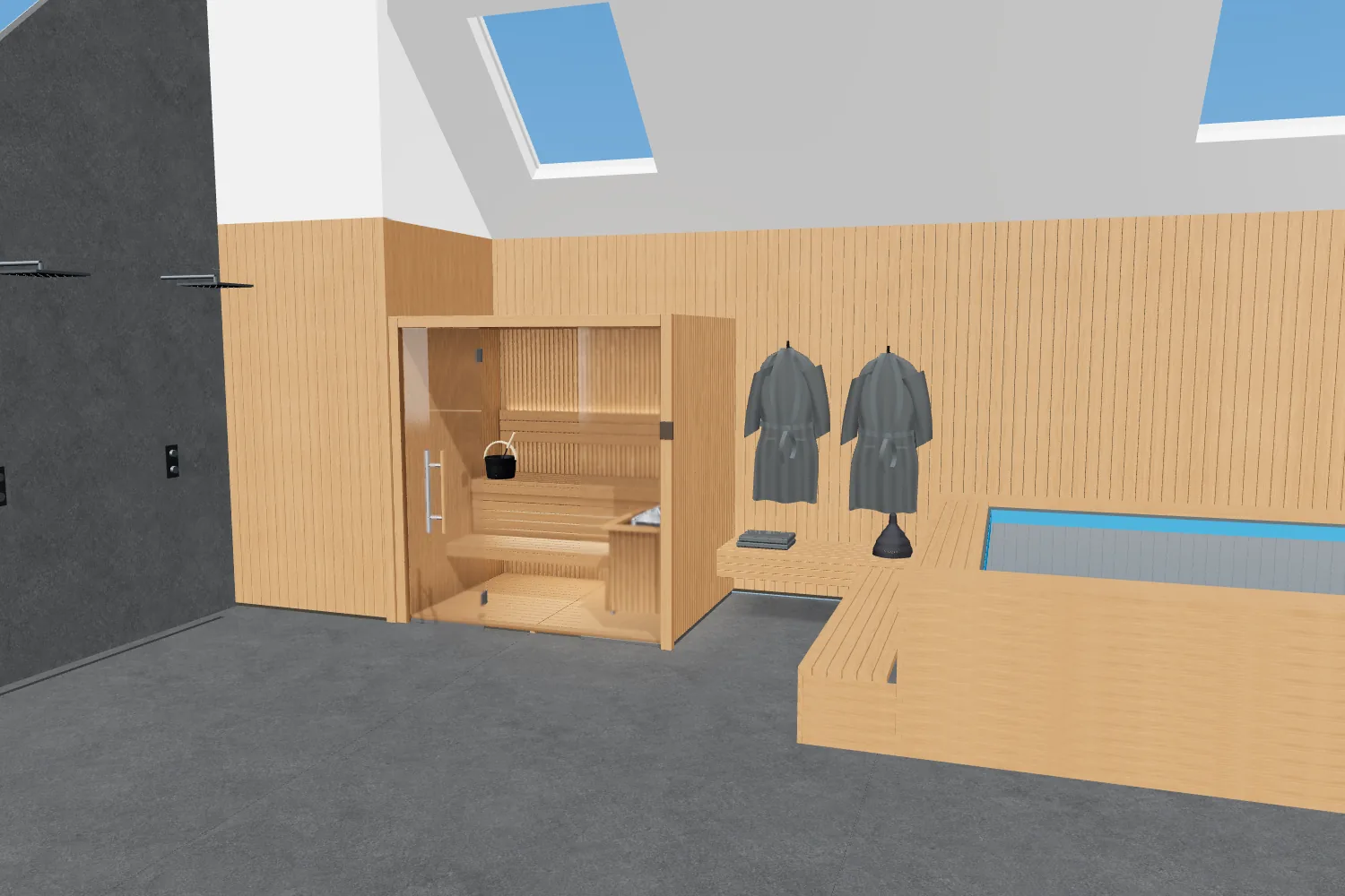3D view of the Auroom Libera Glass – Indoor Sauna Kit With Floor Kit in a sample pool room