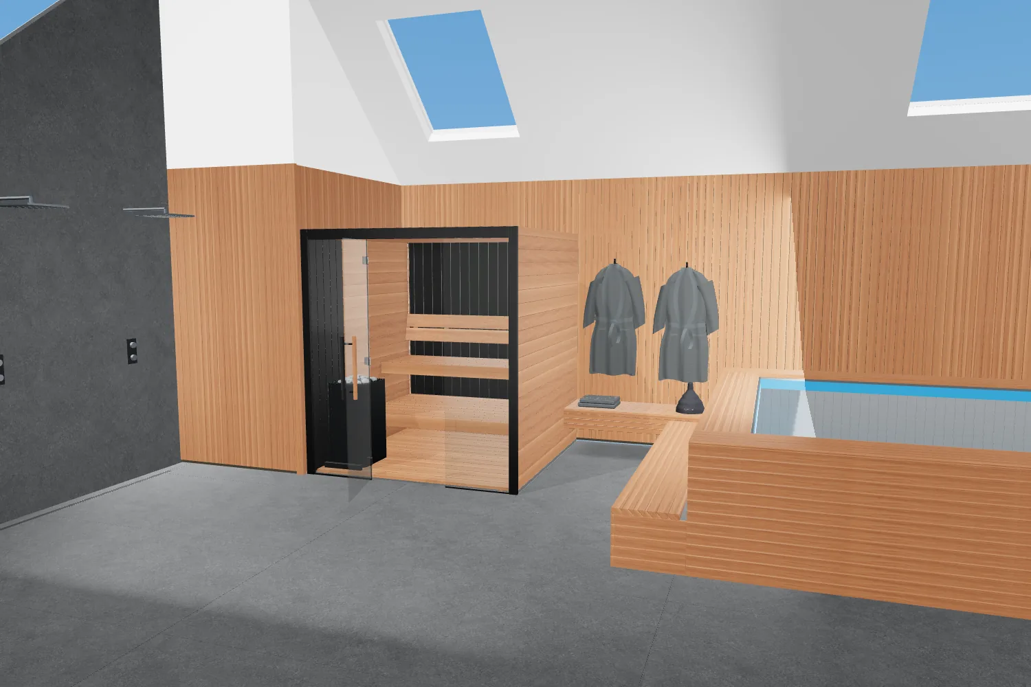 3D view of the Auroom Vulcana – Indoor Sauna Kit With Floor in a sample pool room