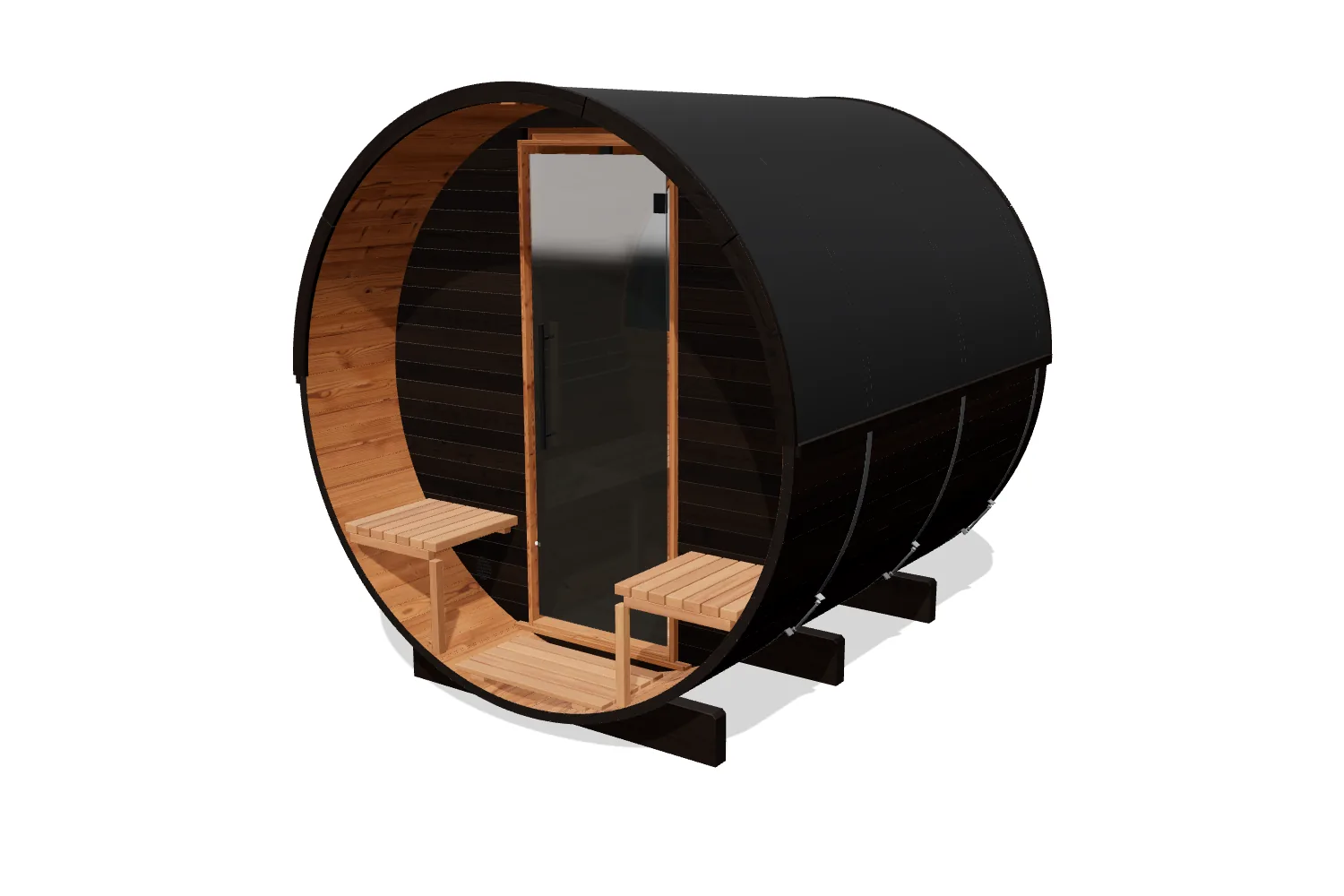 3D view of the Thermory Ignite Black Barrel Sauna With Upgraded Tiered Bench